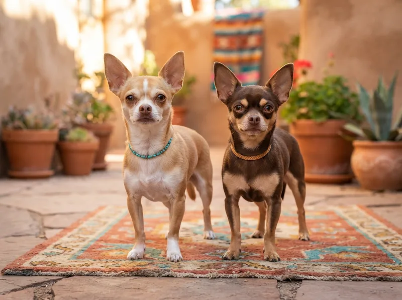 Adult male and female Chihuahua standing side by side on a rug in warm daylight