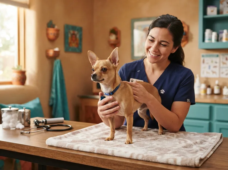 Vet nurse holding a Chihuahua on a consultation table during a routine health check