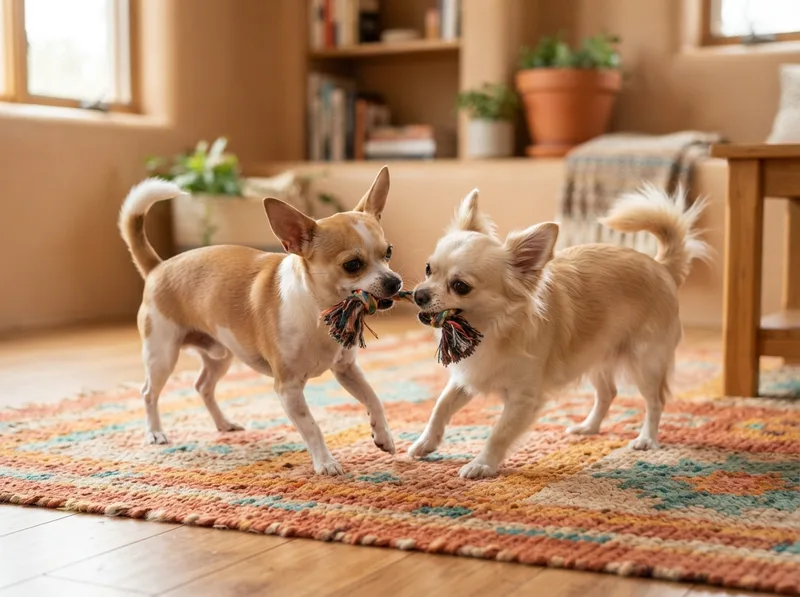 Two Chihuahuas playing together with a small rope toy on a living room rug