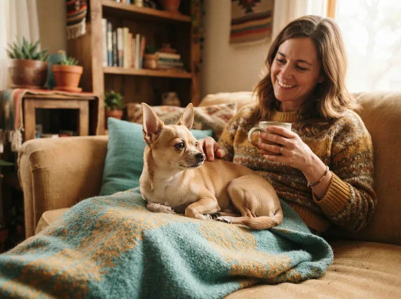 Single Chihuahua settled contentedly on its owner’s lap, the classic one-person bond