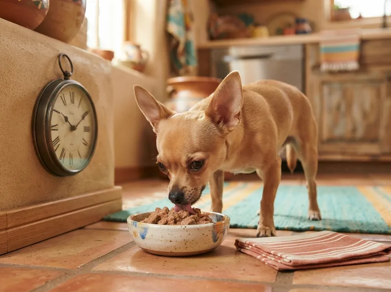 Portioned wet food in a shallow puppy bowl, the small-and-frequent feeding routine that prevents hypoglycemia