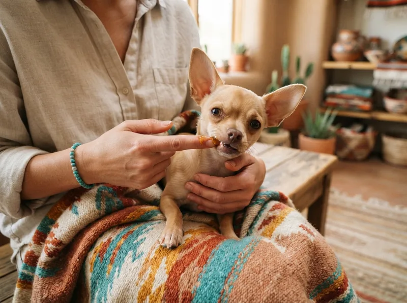 Owner rubbing a little honey onto the gums of an alert Chihuahua puppy as first aid