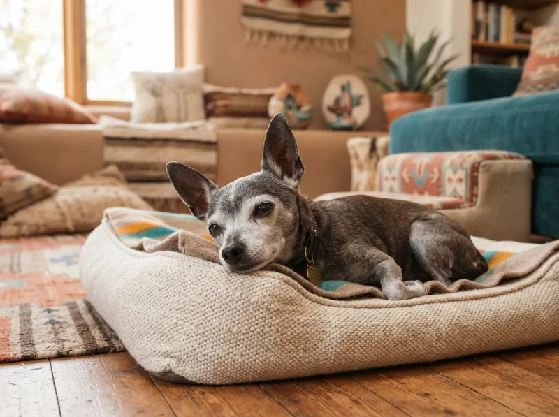 Grey-muzzled senior Chihuahua resting on a thick orthopaedic bed beside a padded step