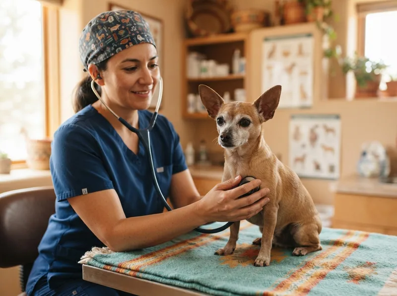 Senior Chihuahua being checked over by a veterinarian during a routine geriatric health check