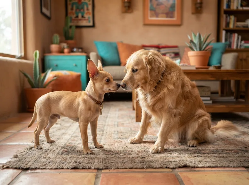 Chihuahua puppy calmly greeting a friendly larger dog nose to nose during socialisation