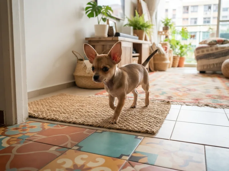 Chihuahua puppy exploring tiles, a rug and a doormat in a bright Singapore flat