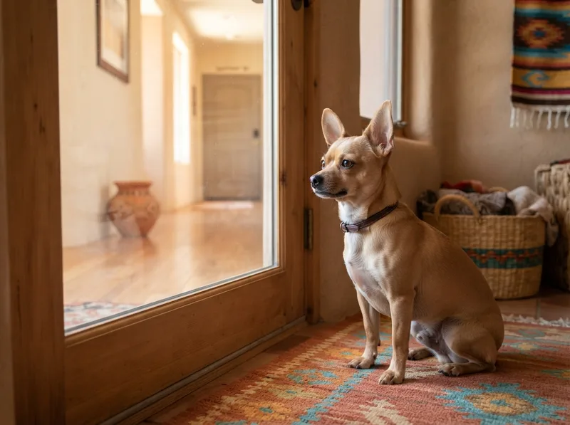 Chihuahua sitting quietly at a glass door watching an empty corridor without barking