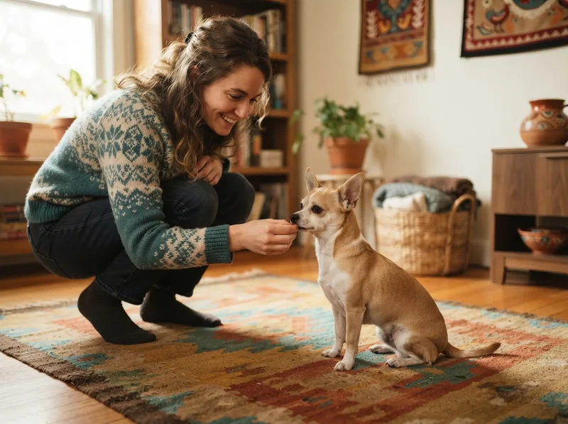 Owner rewarding a quiet, settled Chihuahua with a small training treat