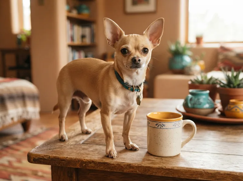 Healthy correctly-sized adult Chihuahua standing beside an ordinary coffee mug for an honest sense of scale