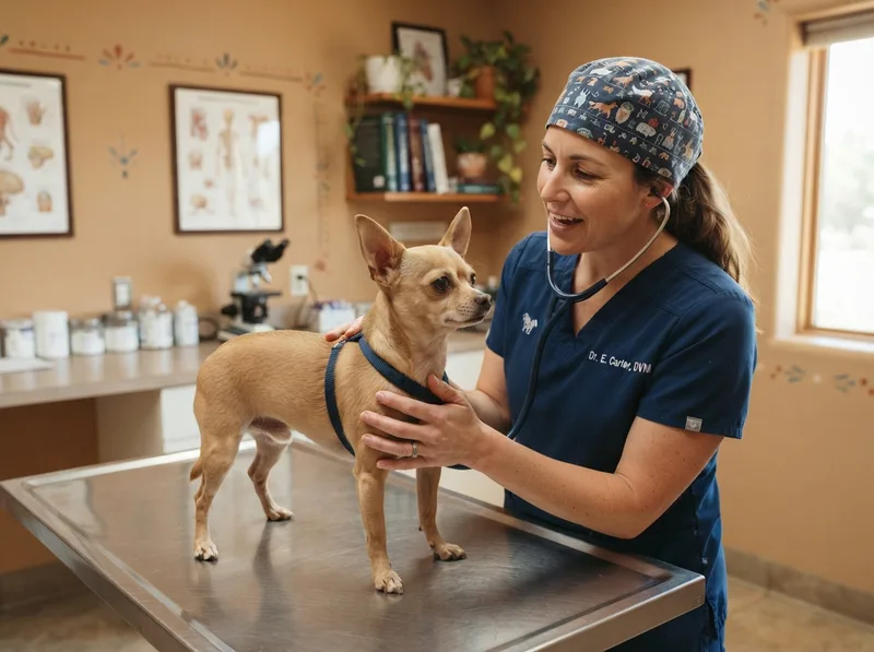 Veterinarian examining a small Chihuahua on a clinic examination table