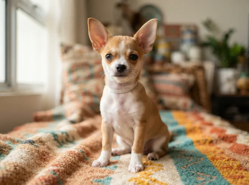Fawn and white smooth-coat Chihuahua puppy sitting, for sale in Singapore