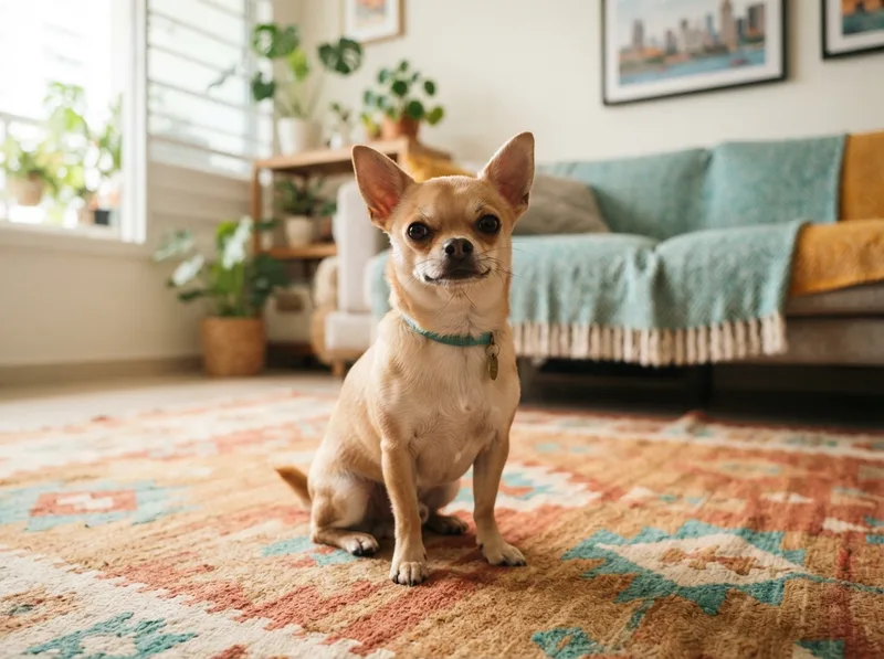 Healthy fawn smooth-coat Chihuahua sitting on a warm-toned rug in a bright Singapore HDB living room