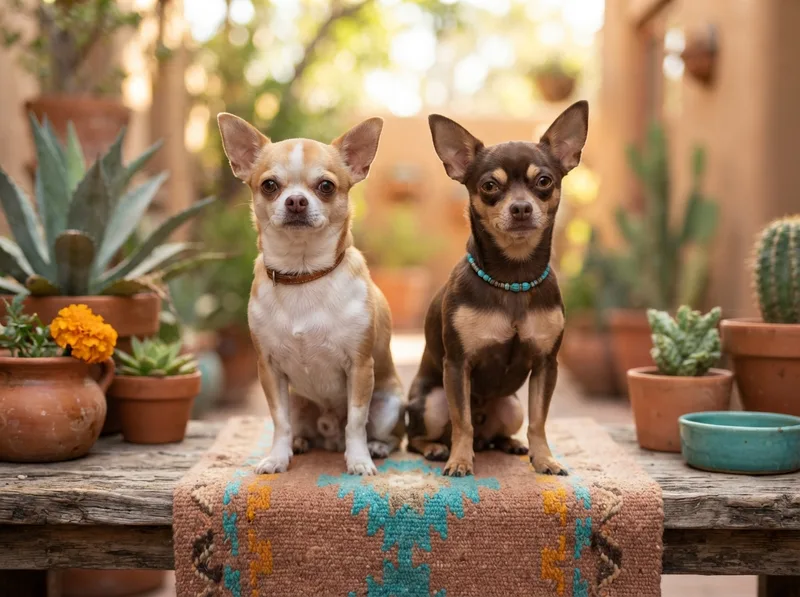 An apple-head Chihuahua and a deer-head Chihuahua side by side showing the domed and longer-muzzled skull shapes