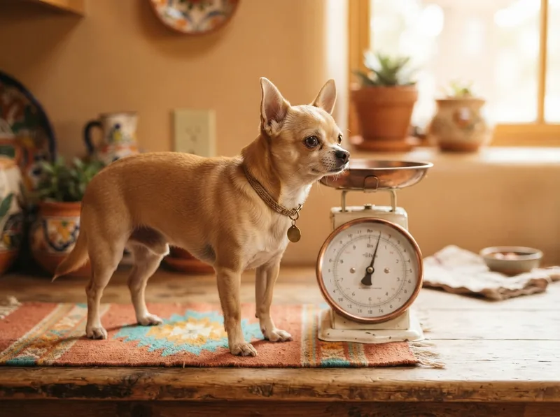 Adult Chihuahua standing beside a kitchen scale illustrating a healthy toy-breed weight