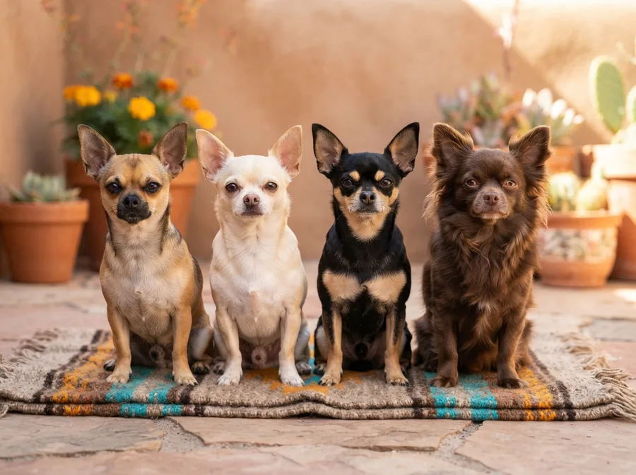 Row of Chihuahuas in fawn, cream, black-and-tan and chocolate coats sitting side by side on a rug