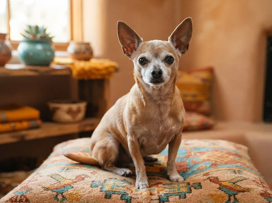 Bright-eyed senior Chihuahua sitting up alert on a cushion in warm daylight
