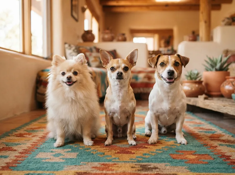 Chihuahua sitting between two other small dog breeds on a bright indoor rug