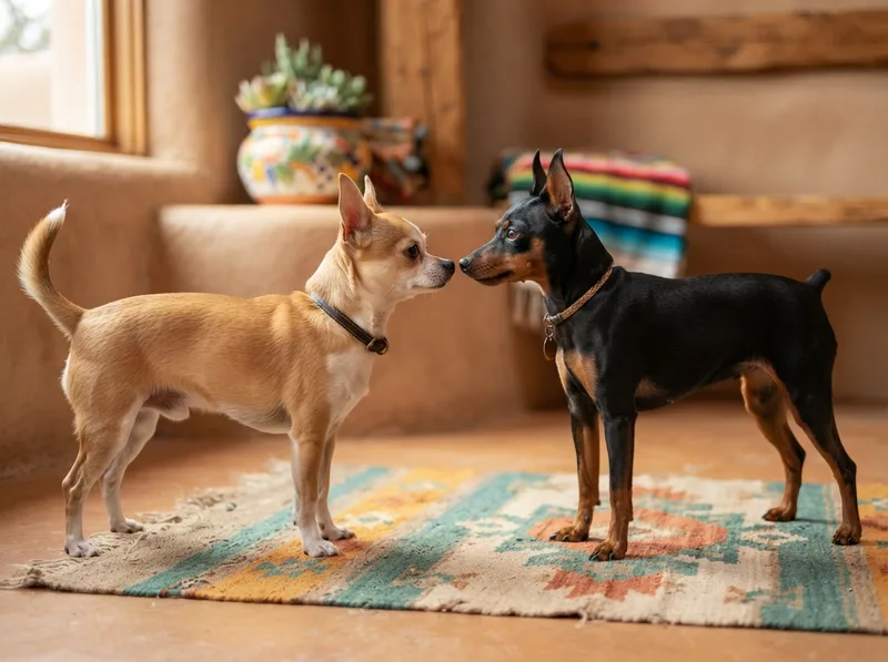 Deer-head Chihuahua and a Miniature Pinscher facing each other showing their similar outlines