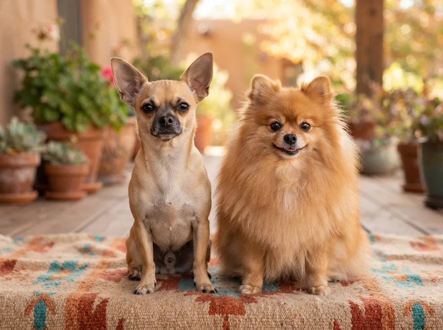 Chihuahua and a Pomeranian sitting side by side on a cosy blanket