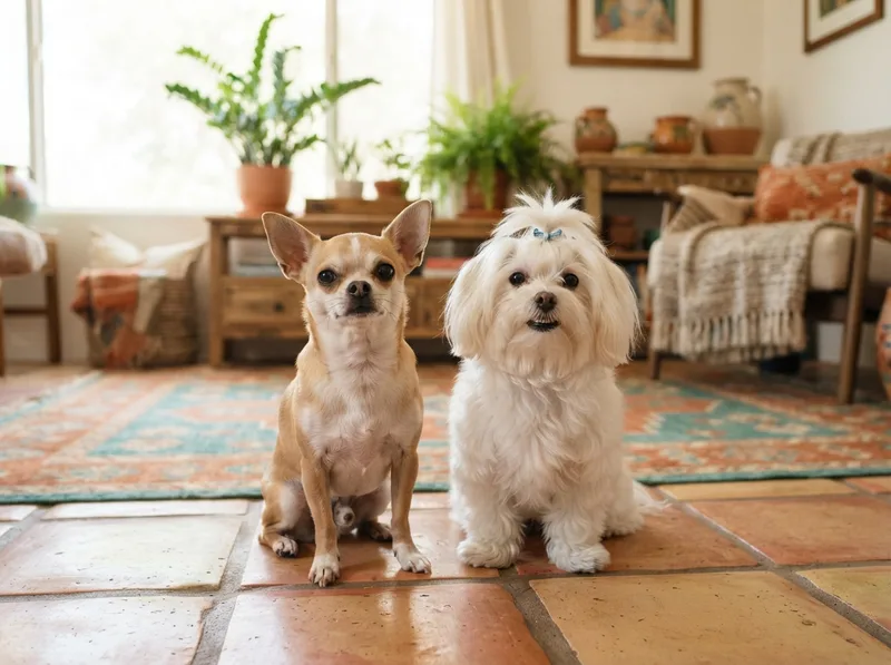 Chihuahua and a white Maltese sitting together on a bright living room floor