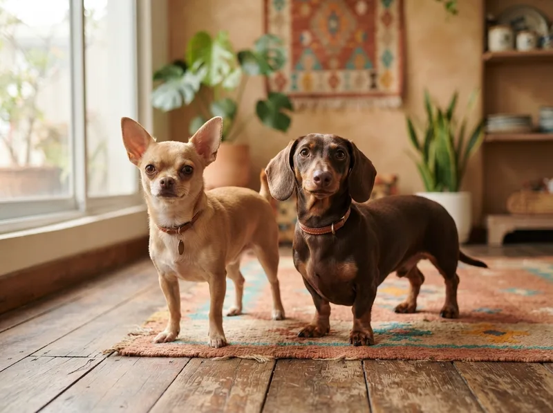 Chihuahua and a Miniature Dachshund standing side by side, two HDB-approved toy dogs