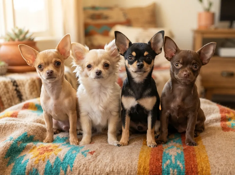 Small group of healthy Chihuahua puppies in smooth and long coats on a cosy blanket