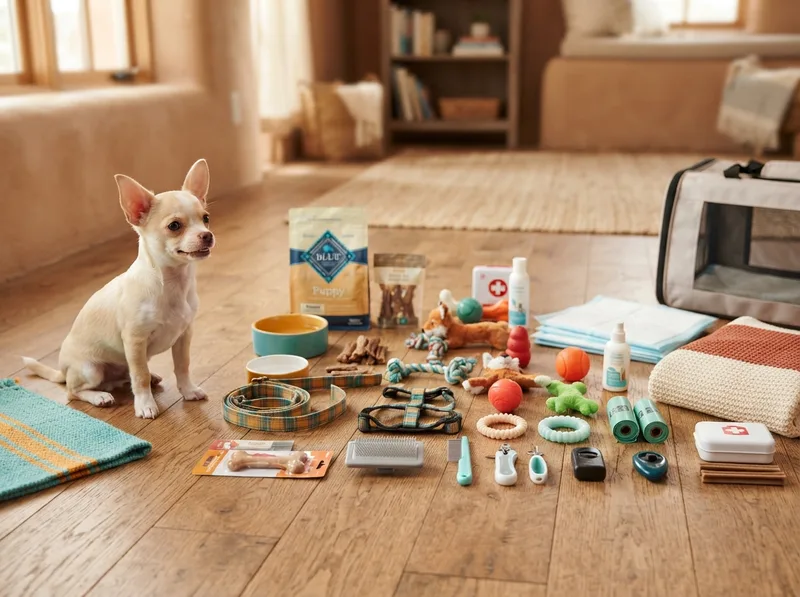 Chihuahua puppy beside a 30-item puppy starter kit laid out on a wooden floor
