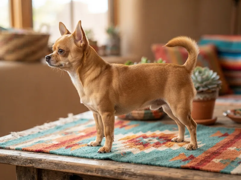 Correctly-sized healthy adult Chihuahua standing confidently in profile on a table blanket