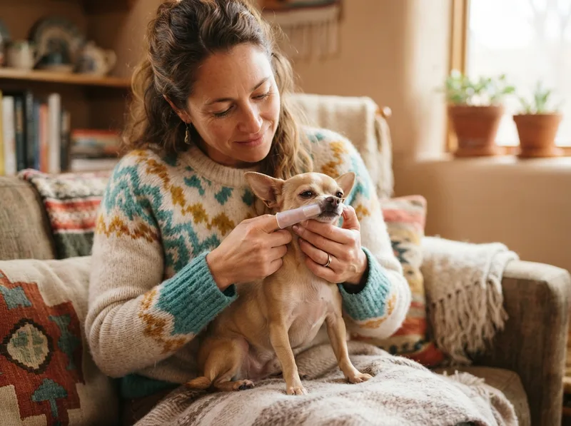 Owner gently brushing a calm Chihuahua’s teeth with a finger toothbrush at home