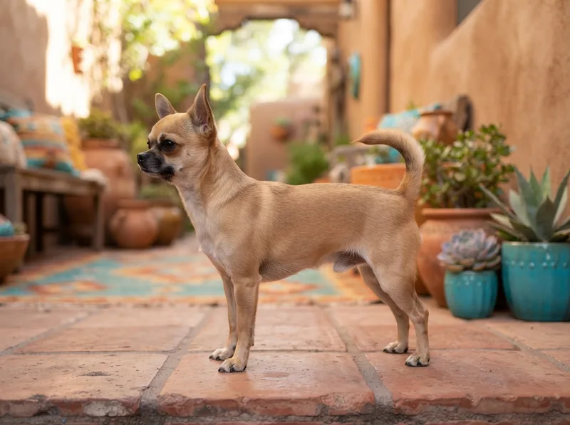 Lean healthy Chihuahua standing in profile showing a correct moderate toy-breed build