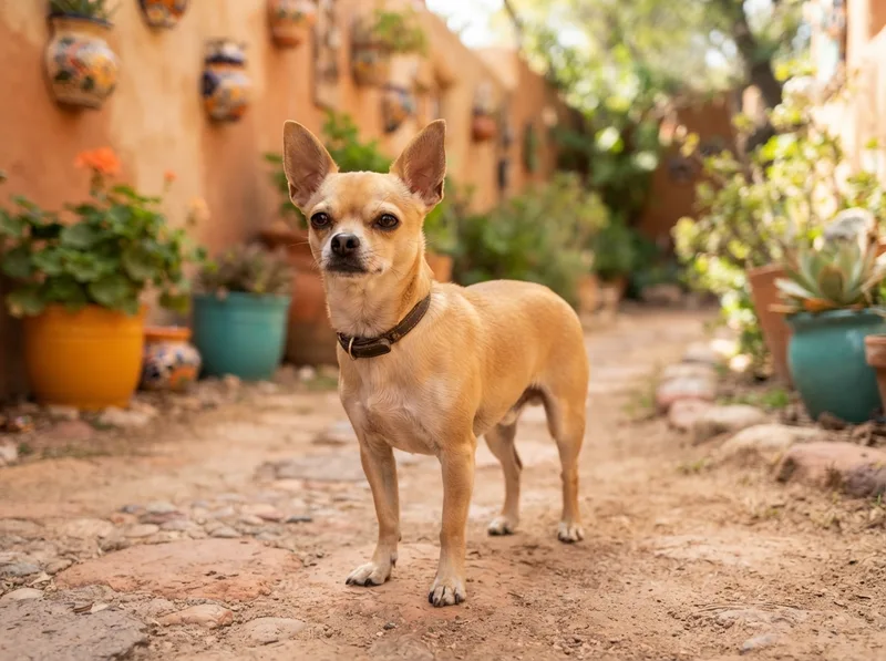 Alert bold Chihuahua with ears up and a confident big-dog stance on a sunny path