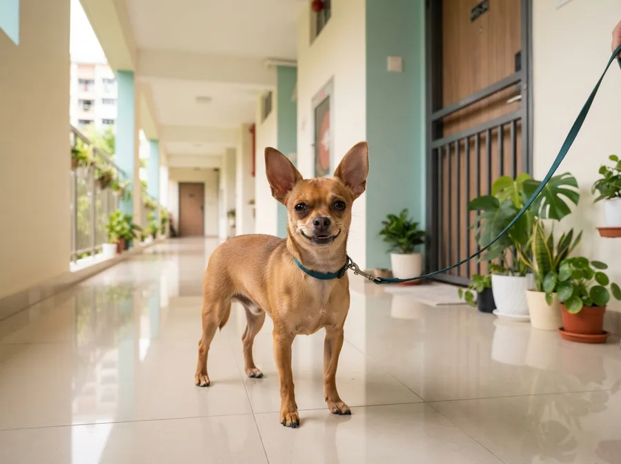 Chihuahua on a leash in the corridor of a Singapore HDB block, relaxed and at home