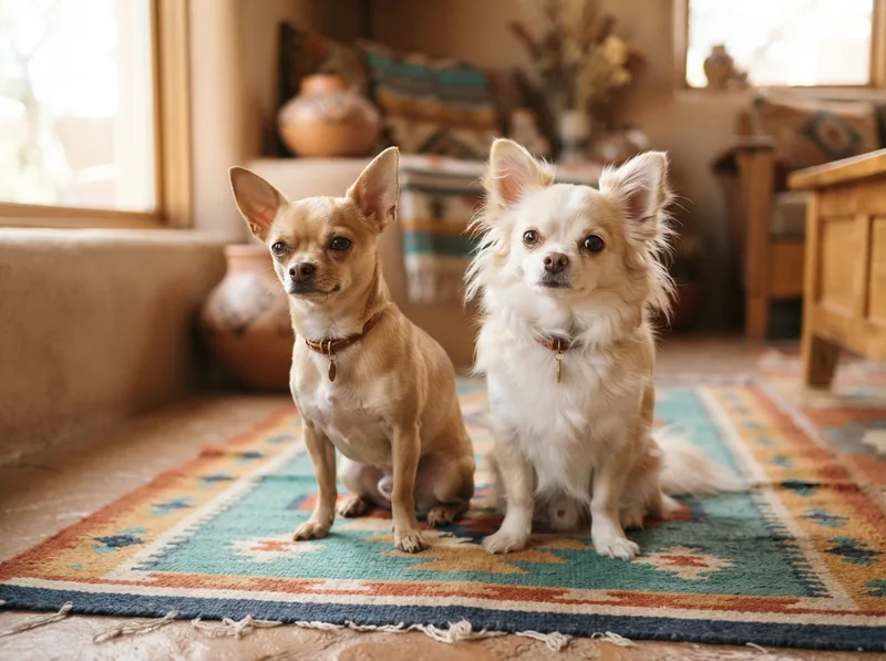 A smooth-coat Chihuahua and a long-coat Chihuahua sitting side by side showing the two coat types